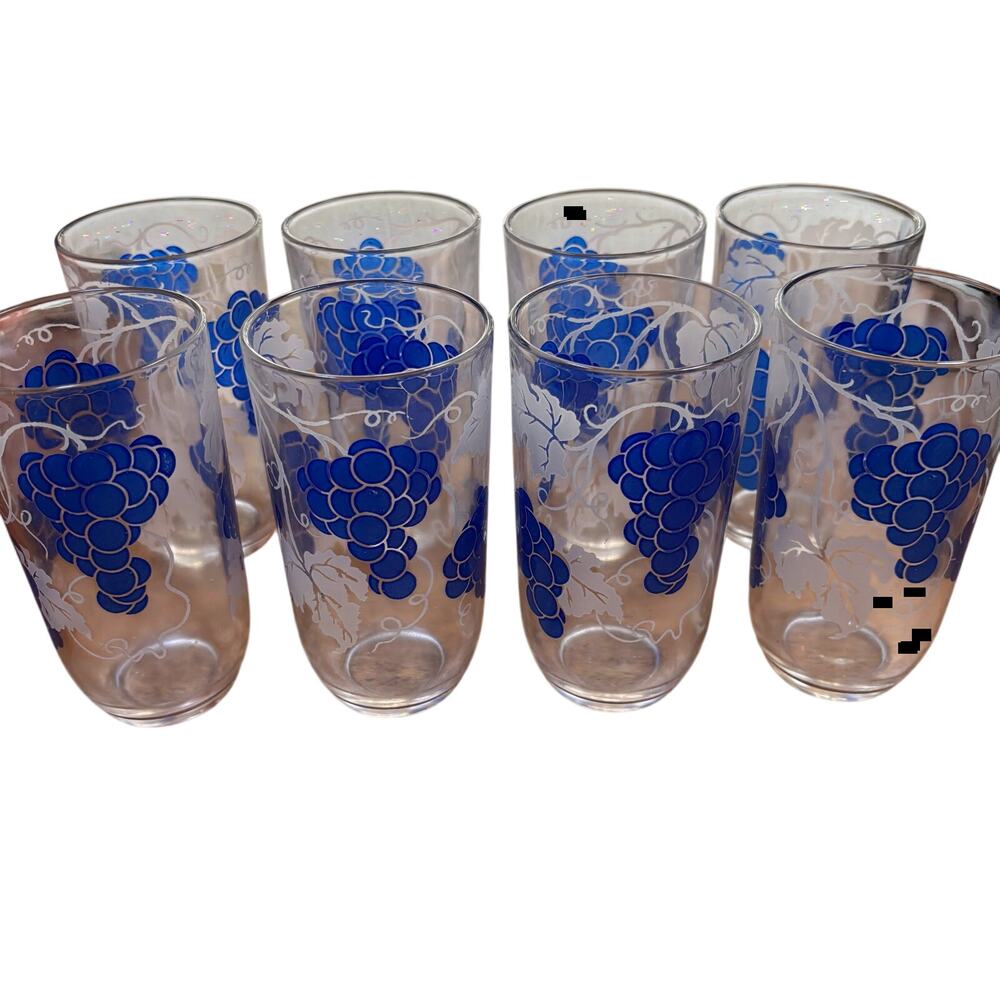 Vintage 1970s tumblers set 8 clear glass blue & white grape vines design 8 fl oz